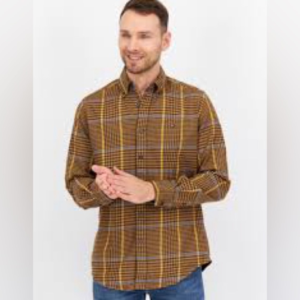 Tommy Hilfiger Blakely Glen Check Twill Shirt L Brown Plaid Stretch Classic Fit